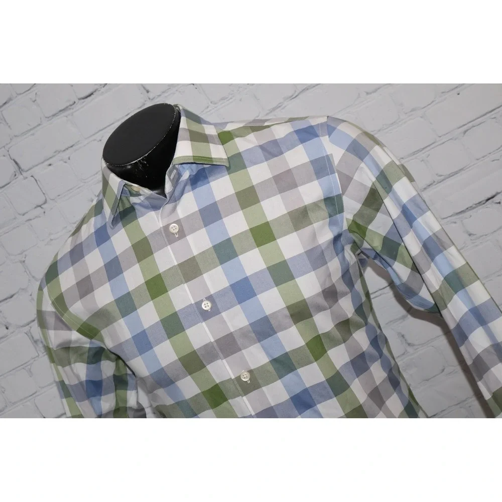 Banana Republic Shirt Mens Medium Green Blue Gingham Plaid Non-Iron Slim Fit